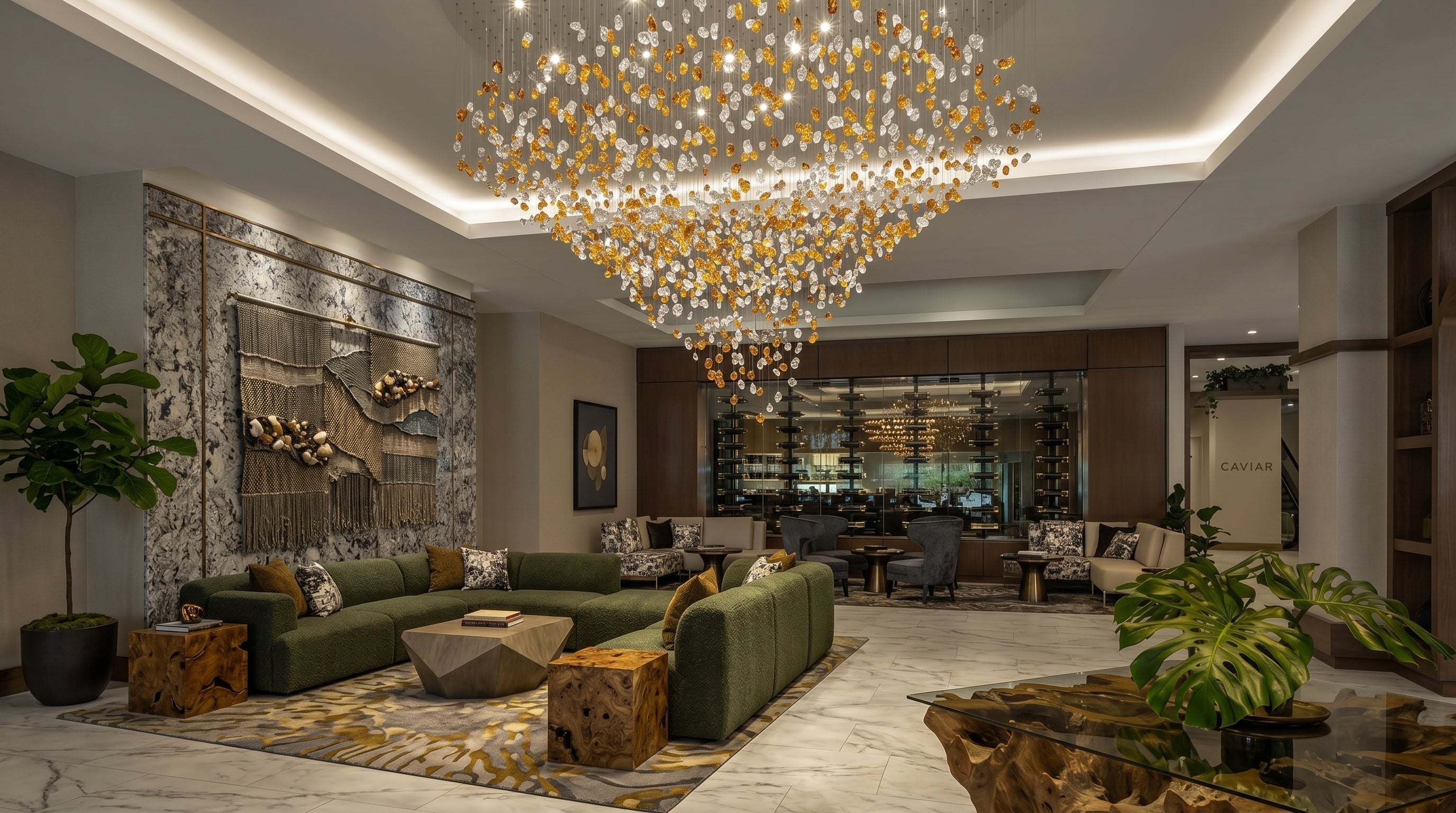 Luxury crystal chandeliers in hotel lobby