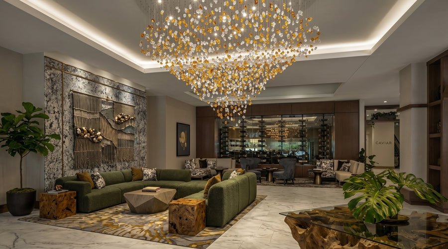 Luxury crystal chandeliers in hotel lobby